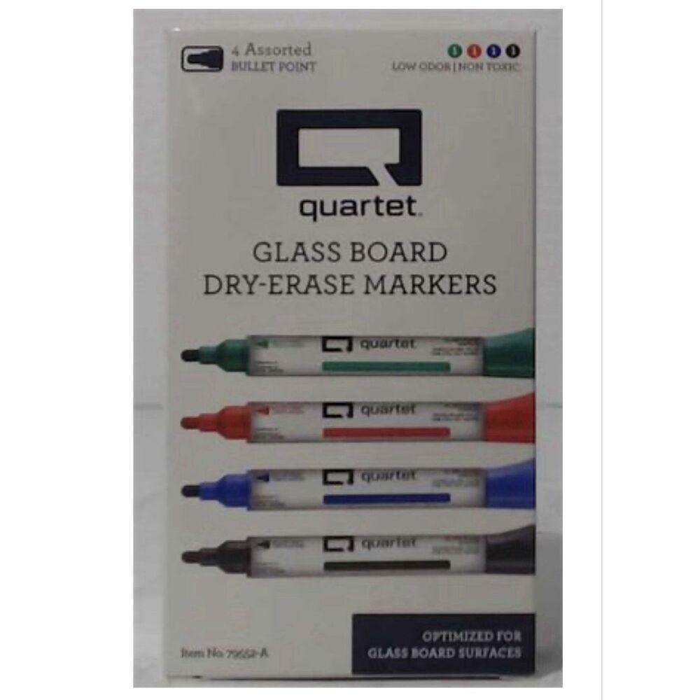 Quartet Glass Board Dry-Erase Markers, Bullet Tip. 4 Colors Black/Blue/Red/Green